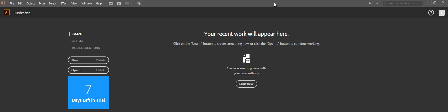 Вид рабочей среды Adobe Illustrator CC 2017 с указанием срока бесплатного пользования